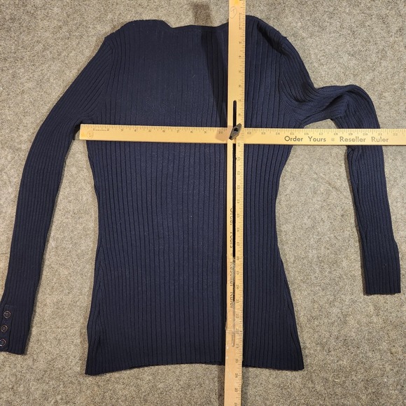 J.McLaughlin Sweater Womens Medium Navy Ribbed Knit Button Cuff Crewneck Stretch - Picture 4 of 8